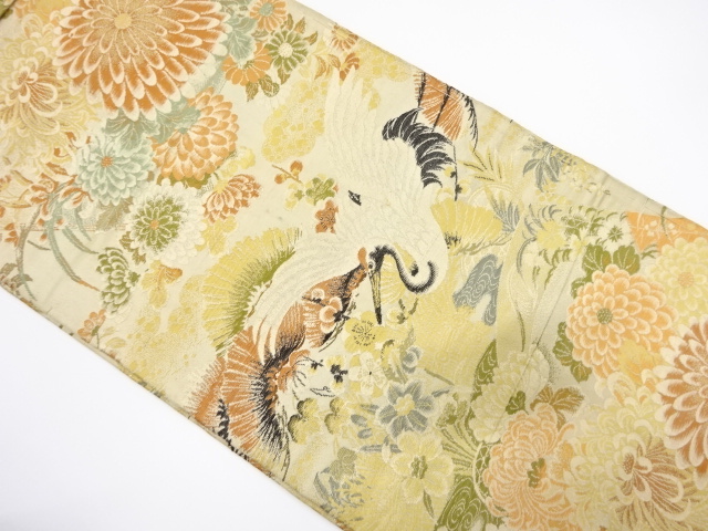 アンティーク　鶴に読み本・菊模様織り出し丸帯（材料）